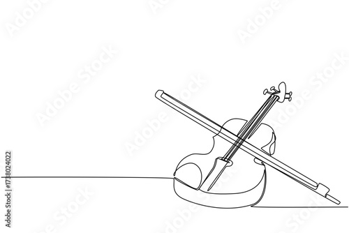 Continuous one line drawing violin with its bow. Musical instruments of various genres. Singing soothing classical music. Harmony. Sound. World Fiddle Day. Single line draw design vector illustration