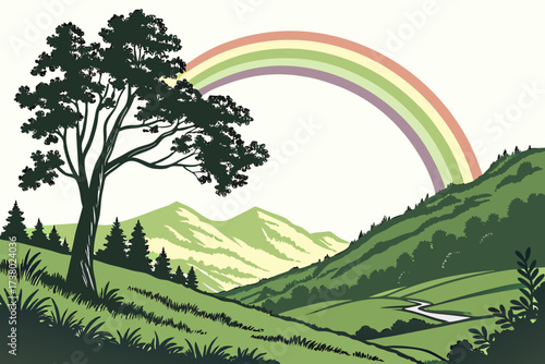Green mountain valley with rainbow and silhouetted tree 1