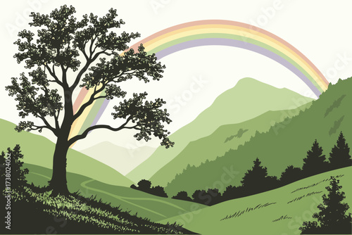 Green mountain valley with rainbow and silhouetted tree 2
