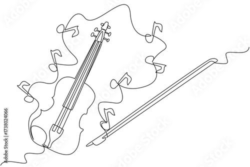 Continuous one line drawing violin with strings and around it there are many scattered musical note signs. Produces harmonious tones. World Fiddle Day. Single line draw design vector illustration