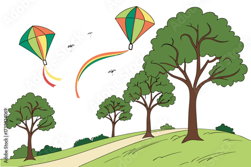 Photography Green park with colorful kites and birds art trees