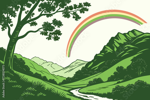 Green mountain valley with rainbow and tree nature