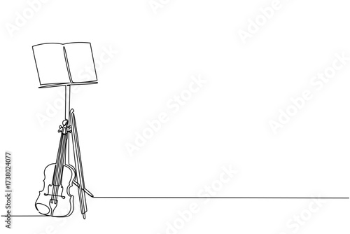 Single continuous line drawing violin with its strings leaning against the note stand. The violinist put down the instrument to rest. Composer. World Fiddle Day. One line design vector illustration