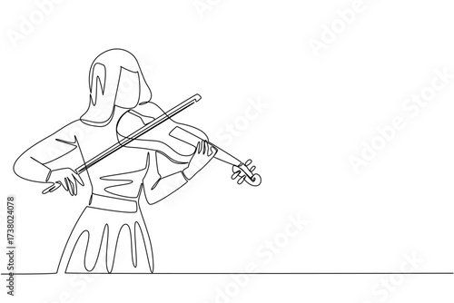 Single continuous line drawing a woman in casual clothes is playing the violin. Dress rehearsal for perfect performance. Beauty musician. Melody. World Fiddle Day. One line design vector illustration