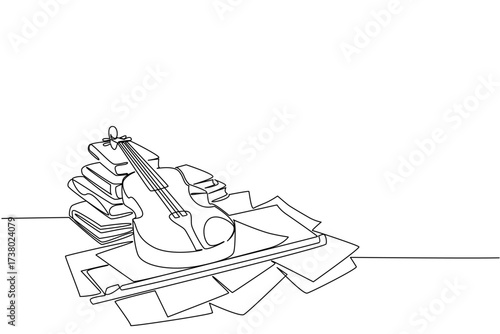 Single one line drawing violin on sheets of notation and stacks of old books. Looking inspiration for melodious tunes. Soothing chants. World Fiddle Day. Continuous line design graphic illustration