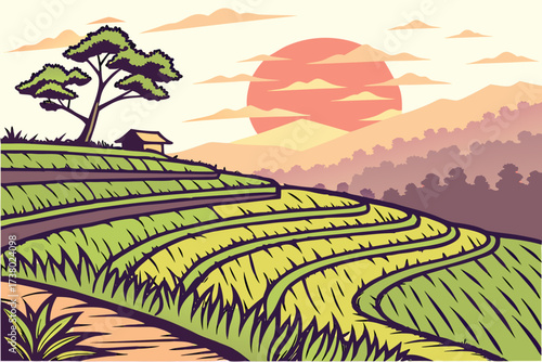 Green rice terraces at sunset with a lone tree and hut