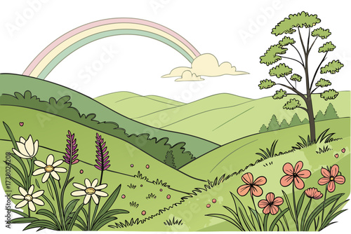 Green Rolling Hills with Rainbow and Flowers nature