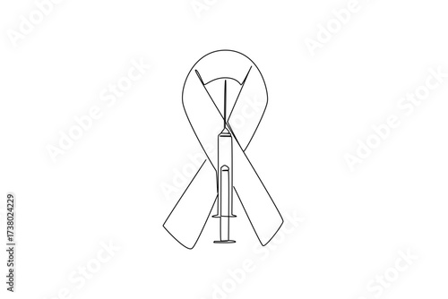 Single continuous line drawing injection with red ribbon background symbol of AIDS. One solidarity to fight deadly HIV virus. National HIV Vaccine Awareness Day. One line design vector illustration