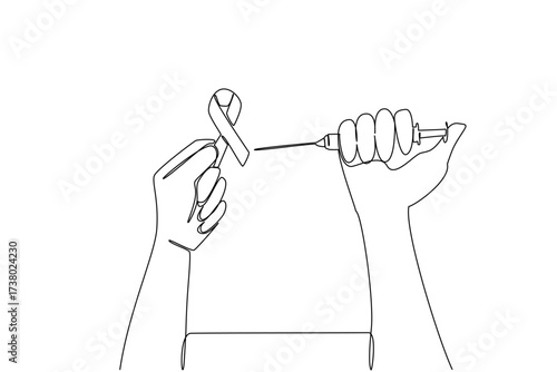 Single one line drawing hand holding injection and wanting to inject red ribbon symbol of AIDS. Disables viruses. Fight. National HIV Vaccine Awareness Day. Continuous line design graphic illustration