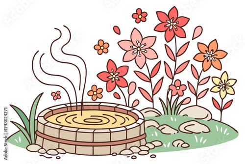 Hot spring surrounded by colorful flowers and grass