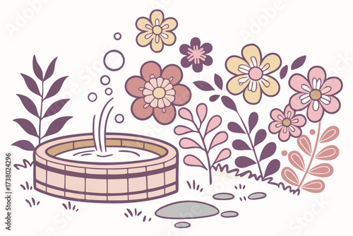 Hot spring surrounded by whimsical flowers and foliage