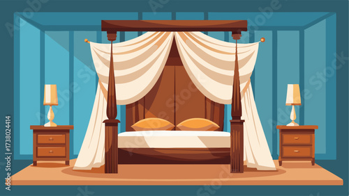 A luxurious bedroom featuring a rustic wooden fourposter bed with flowing white drapes.
