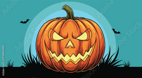A spooky pixel art pumpkin carving with glowing eyes on Halloween night.
