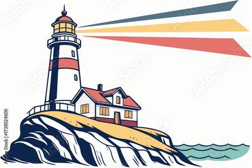 Lighthouse with colorful beams on a rocky seaside cliff
