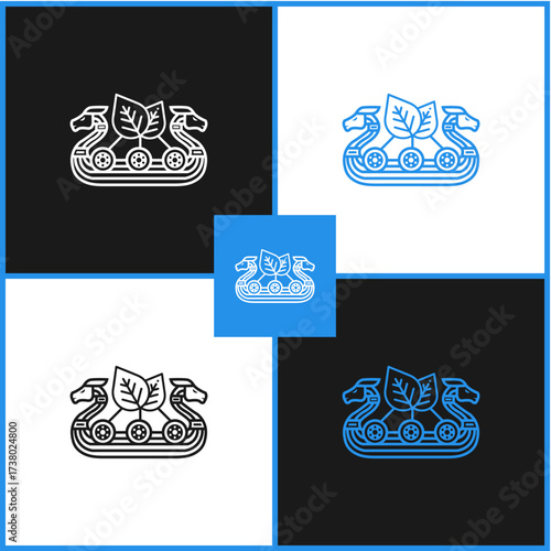 Linear Viking Ship Logo with Dragon Heads and Leaves for Eco-Friendly Brand Identity
