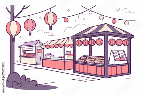 Night market stalls with colorful lanterns and festive lights