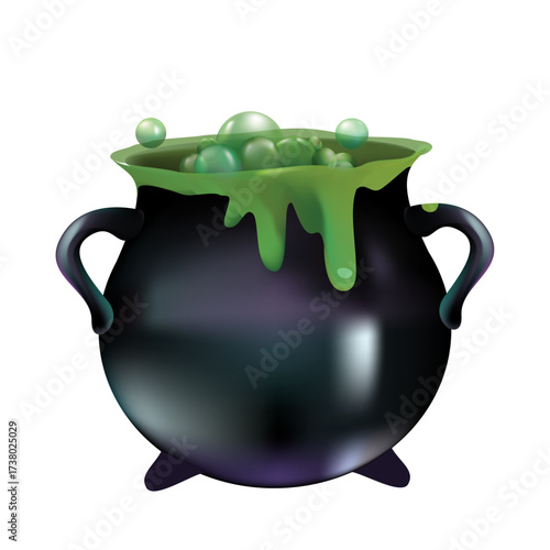 Whimsical Halloween Cauldron Bubbling with Mysterious Green Potion and Playful Bubbles