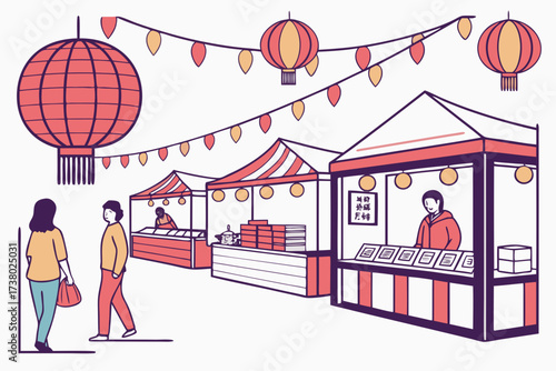 Night Market with Colorful Lanterns and Stalls street food