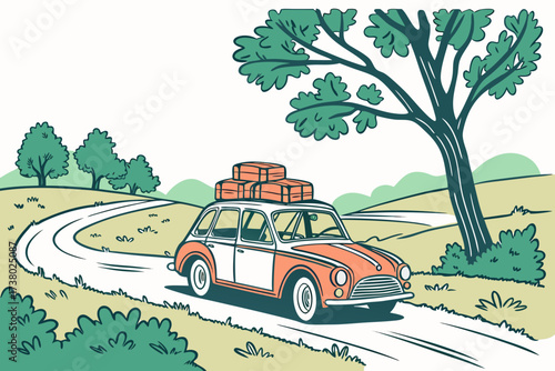 Orange vintage car with luggage on countryside road