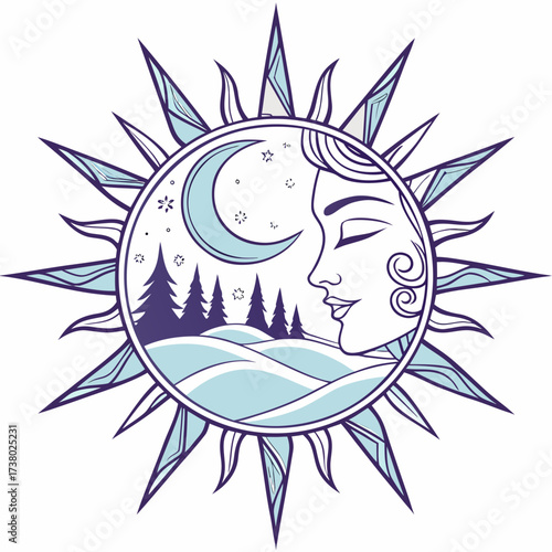 Winter solstice illustration with sun, moon, and landscape
