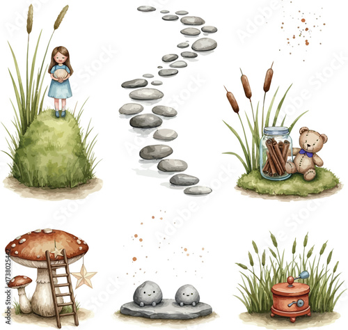 Cartoon illustration of kids and a woman enjoying nature with mushrooms and flowers in a forest garden