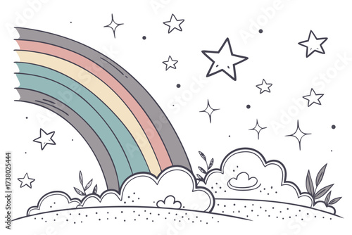 Pastel rainbow arc with stars and clouds vector