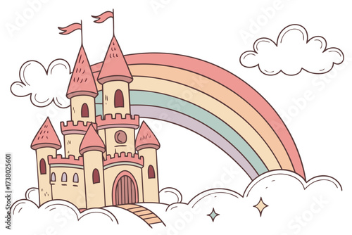 Pastel rainbow castle with clouds and stars fantasy 1