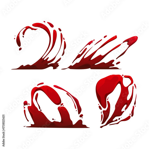 Set of dynamic splashes of red liquid, ideal for adding a dramatic flair to designs