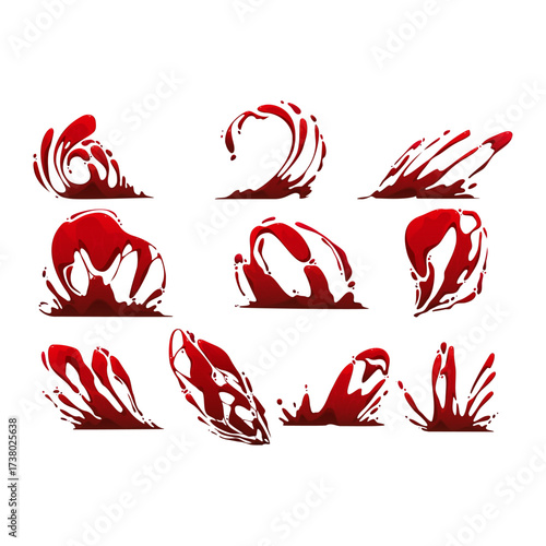 Set of realistic red liquid splashes, drips, and stains illustrations on white background