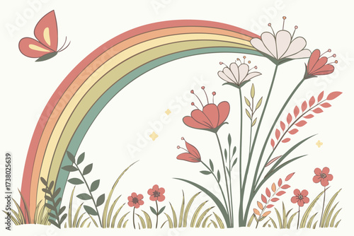 Pastel rainbow over a meadow with flowers and butterfly