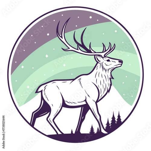 Elegant deer with aurora borealis in a circle