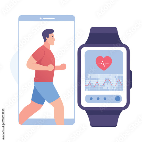 Man running on treadmill displayed on phone screen next to smartwatch