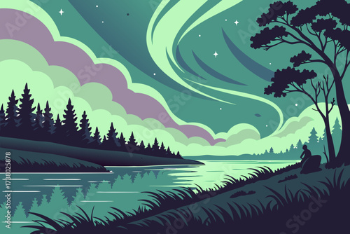 Person watching aurora borealis over tranquil lake