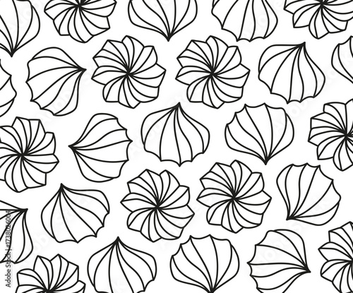 Delicate black line meringue cookies on a white background. Perfect dessert or baking decoration. Ideal for culinary, bakery, or sweet-themed projects.