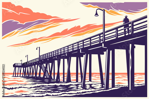 Pier at sunset with person and colorful sky ocean water