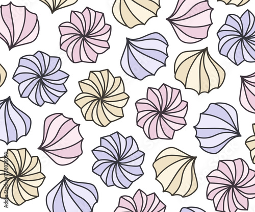 Delicate pink, blue and yellow meringue cookies on a white background. Perfect dessert or baking decoration. Ideal for culinary, bakery, or sweet-themed projects.