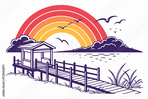 Pier with rainbow sunset and seagulls art dock seaside