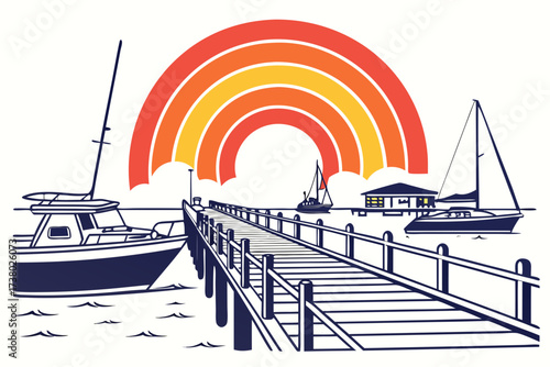 Pier with Sailboats and Rainbow Sunset Art dock water