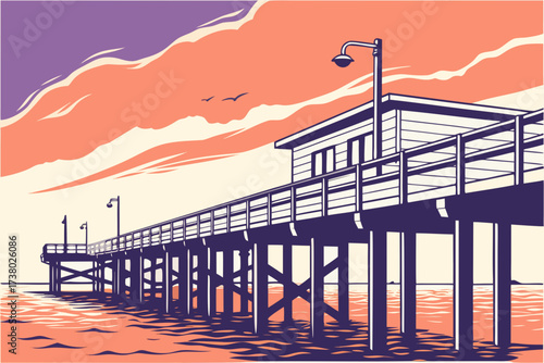 Pier with sunset sky and water illustration ocean