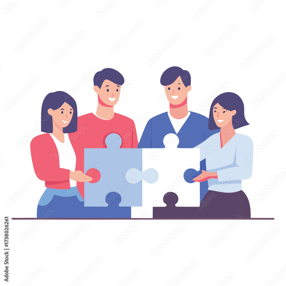Fototapeta premium Diverse team of four people collaborating to solve a puzzle