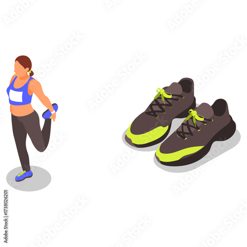 Isometric illustration of a woman stretching and a pair of athletic shoes on a white background, representing fitness and healthy living