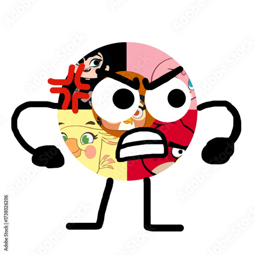 Illustration of a furious circular character with a collage of faces, representing collective anger, inner conflict, and rage