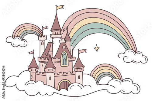 Pink fantasy castle on pastel rainbow clouds vector