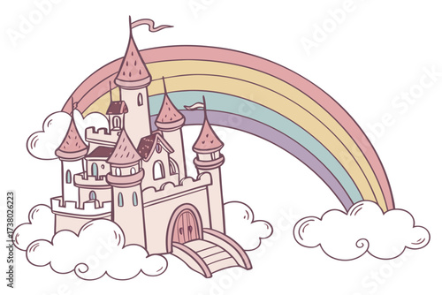 Pink fantasy castle with rainbow and clouds vector 1