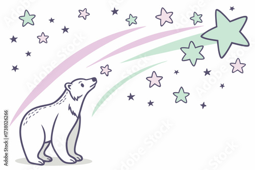 Polar bear looking at pastel shooting stars animal