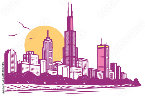 Purple and pink city skyline with sun and birds skyscrapers