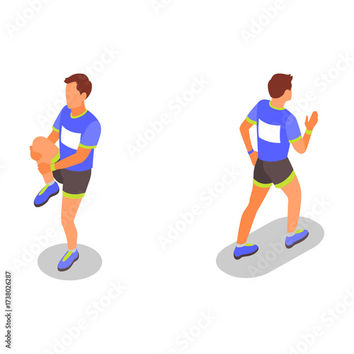 Two men in athletic attire performing warm-up exercises for a workout or sports activity, isolated on white