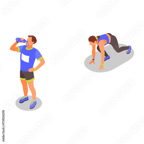 Athletic man drinking water after training and man in starting position for running race