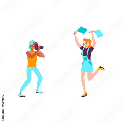Man with camera taking a photo of a woman with flags at an event, excitement and celebration