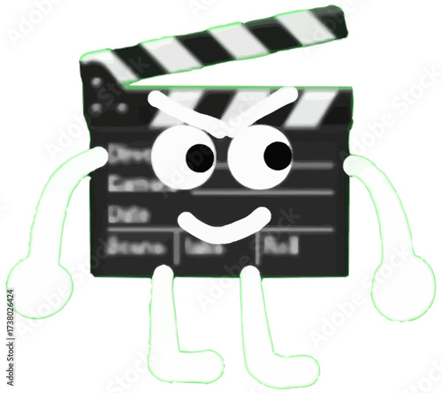 A fun and mischievous cartoon movie clapperboard character with an angry expression, representing the world of cinema and filmmaking